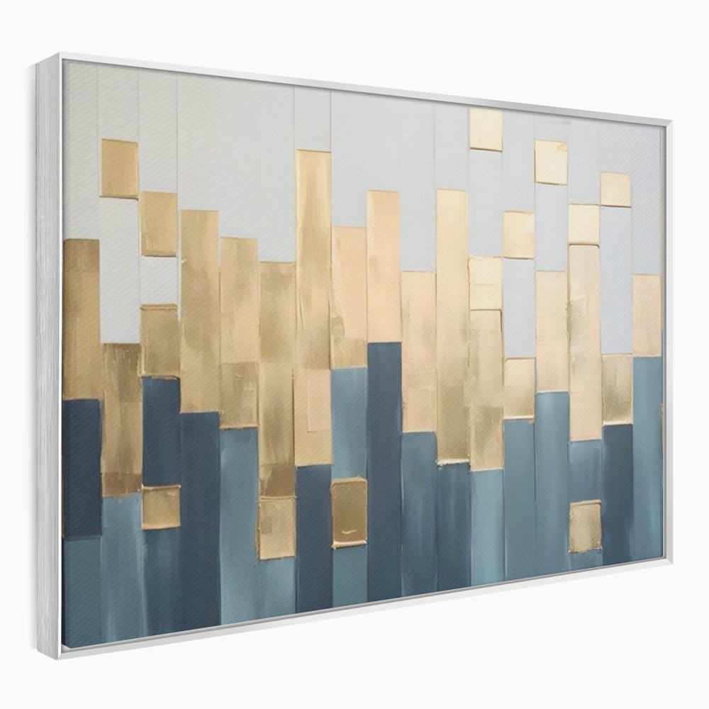 Tablou canvas cu tablou abstract cu benzi verticale aurii si albastre, in rama de aluminiu argintiu